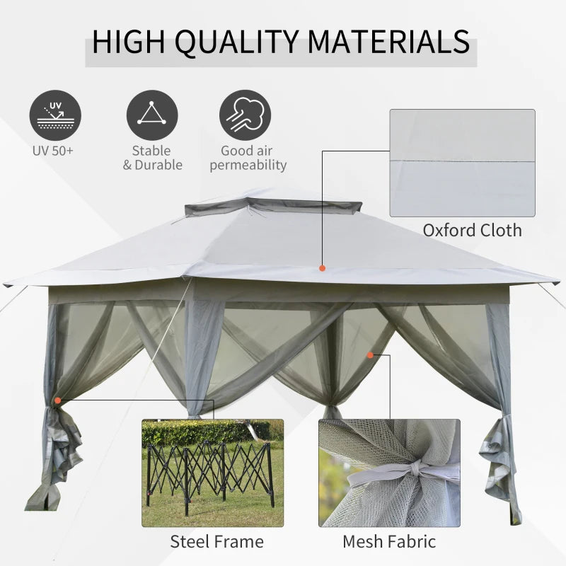 Outsunny 3.6 x 3.6 m Pop up Gazebo with Netting and Carry Bag, Height Adjustable Party Tent Instant Canopy Sun Shade Shelter, Grey
