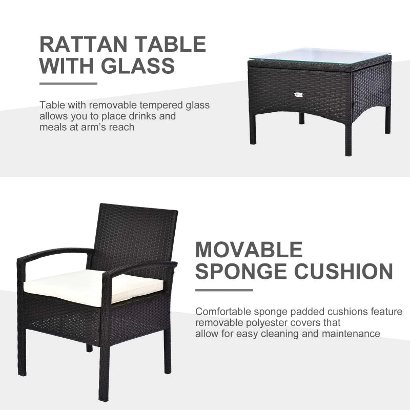 Brown 2 Seater Rattan Bistro Set With Glass Top Table