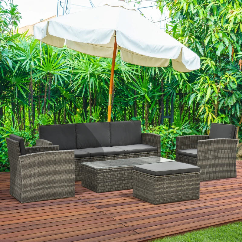 Rattan Garden Furniture Set With 3-Seater Sofa, 2 Single Chairs Plus Foot Stool & Coffee Table