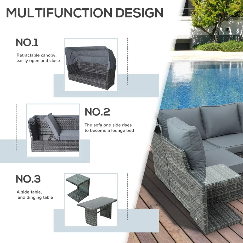 Grey 5 Piece Rattan Furniture Set With Reclining Sofa & Dining Table Set