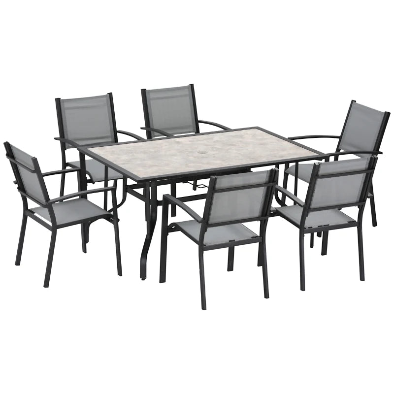 6 Seater Outdoor Dining Set With Parasol Hole Breathable Mesh Fabric Seats