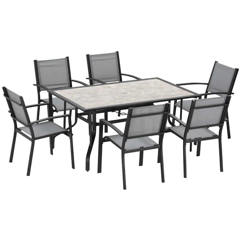 6 Seater Outdoor Dining Set With Parasol Hole & Breathable Mesh Fabric Seats