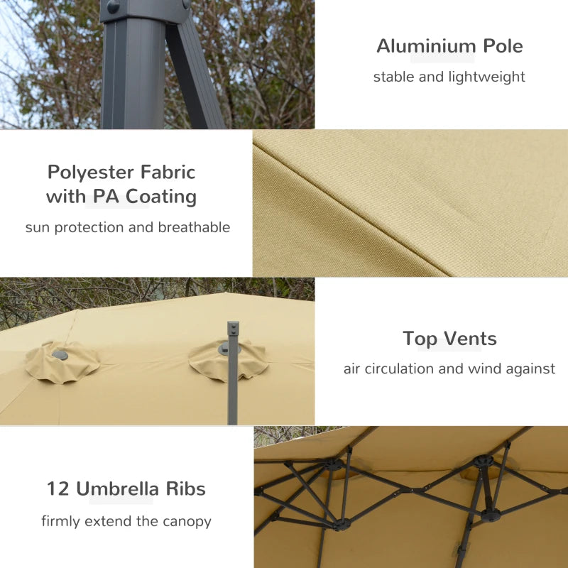 Khaki Double-Sided Rectangular Garden Parasol -  360° Rotation