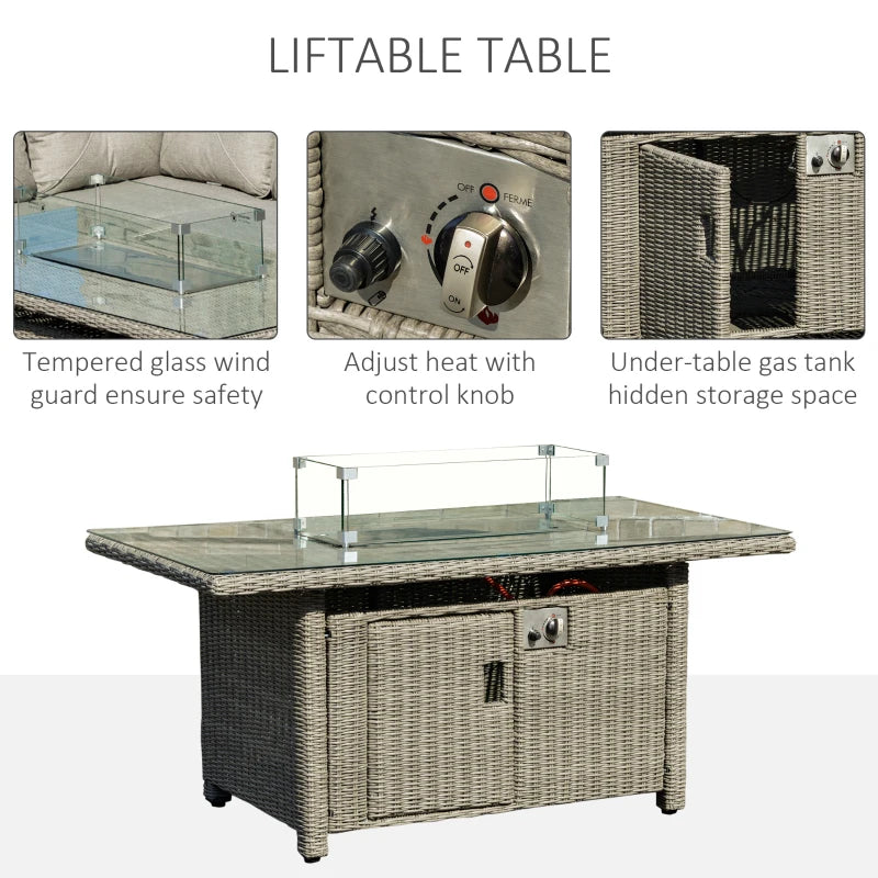 8-Seater Rattan Sofa Set With Fire Pit Table, L-Shape Sofa, Footstool and Furniture Cover