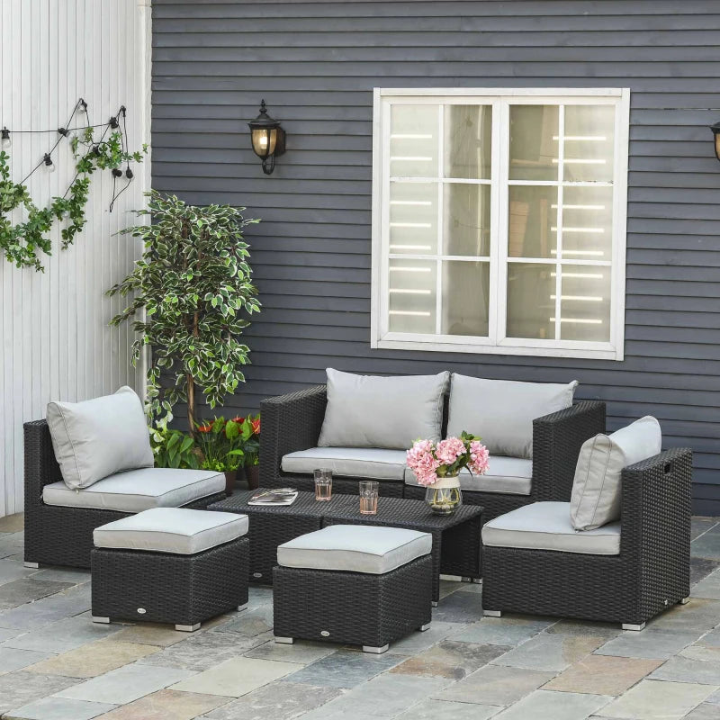 Black Rattan 6 Seater Sofa, 2 Footstools and 2 Coffee Tables