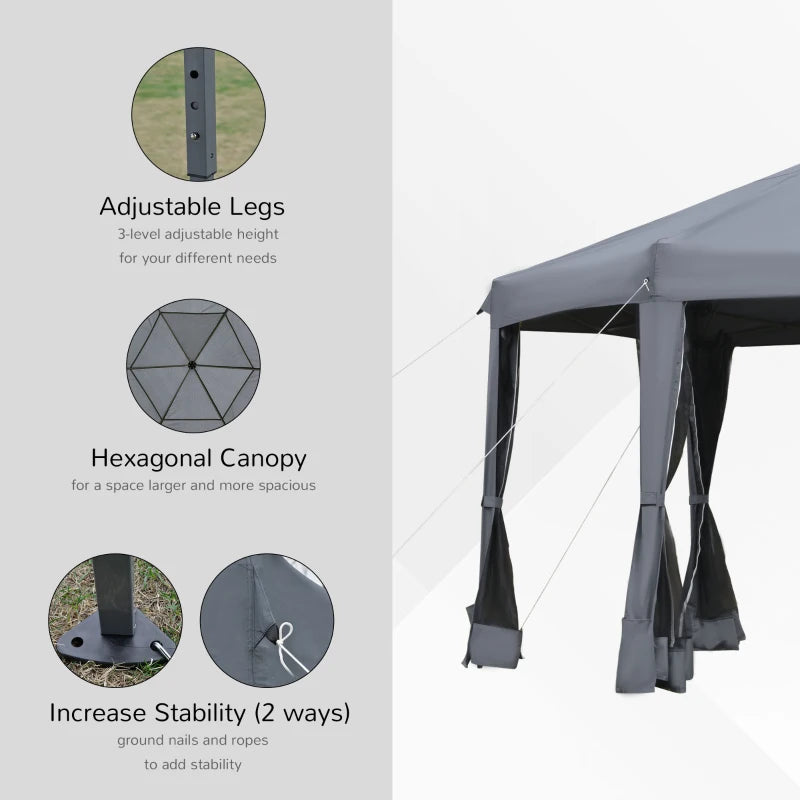 Grey 3.2m Hexagonal Pop Up Gazebo with Mesh Sidewalls
