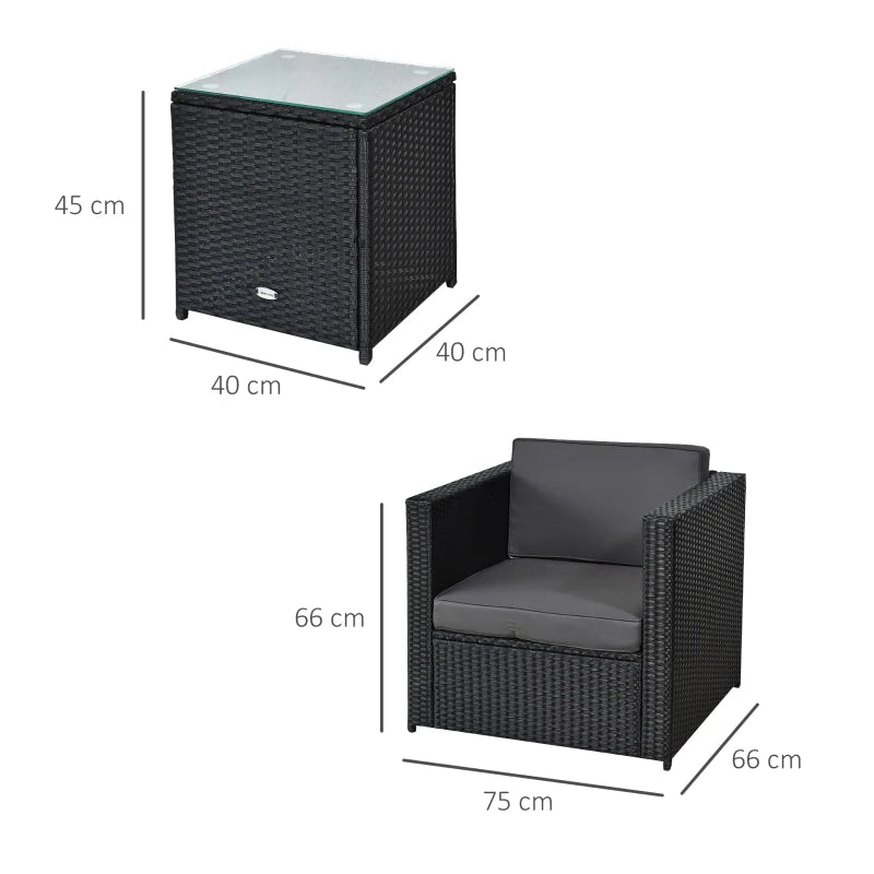 Black 3 Piece Rattan Bistro Set with 10cm Cushions