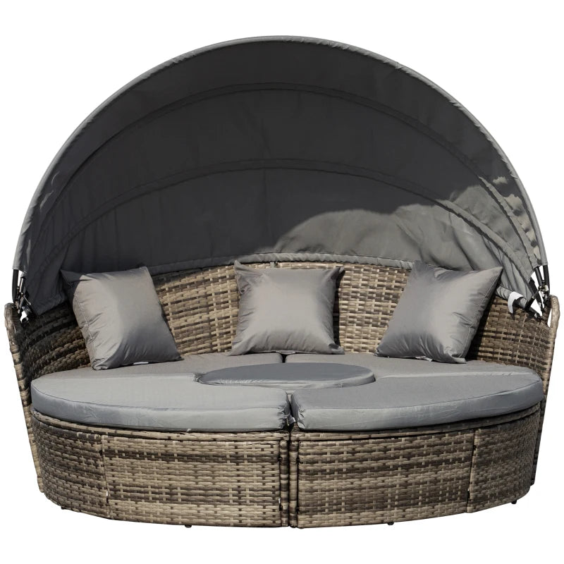 Dark Grey Round Rattan Daybed with Retractable Canopy and Coffee Table