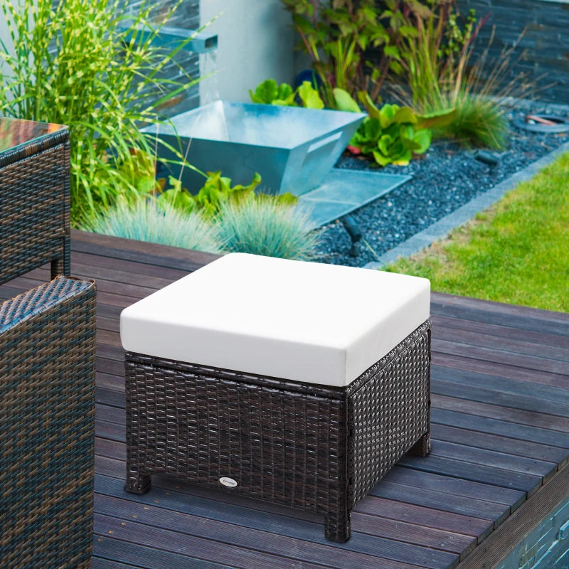 Dark Brown Rattan Footstool With Padded Cream Cushion - 50 x 50 x 35 cm