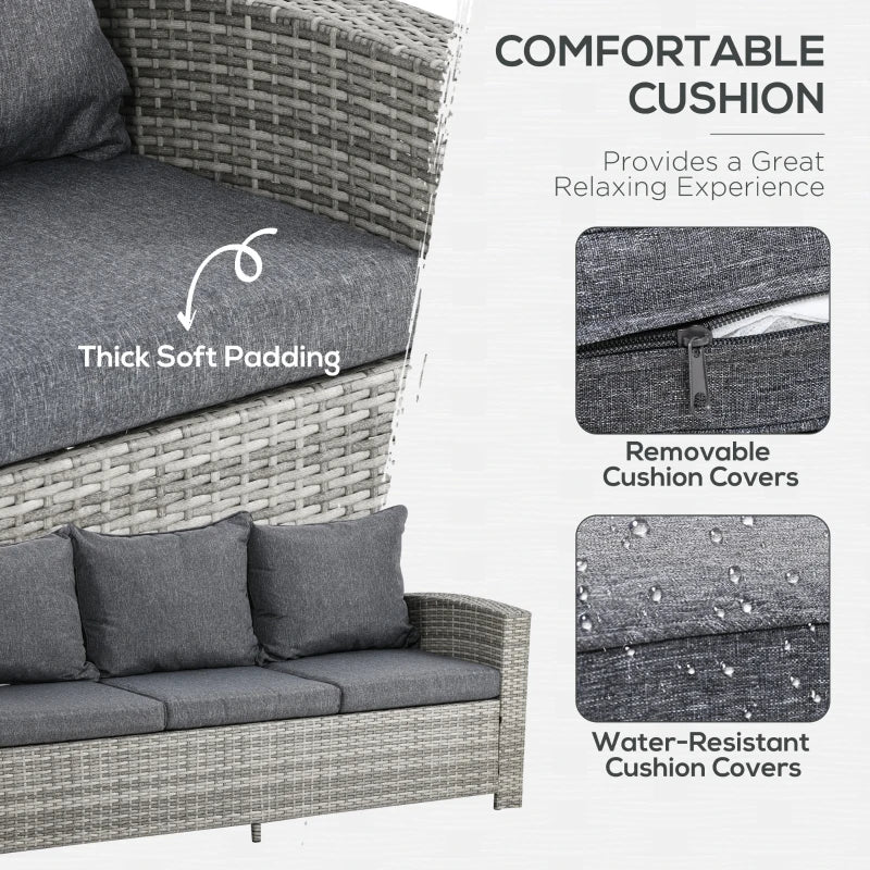 Rattan Garden Furniture Set with Three-seats, Armchairs, Footstools and Glass Top Dining Table