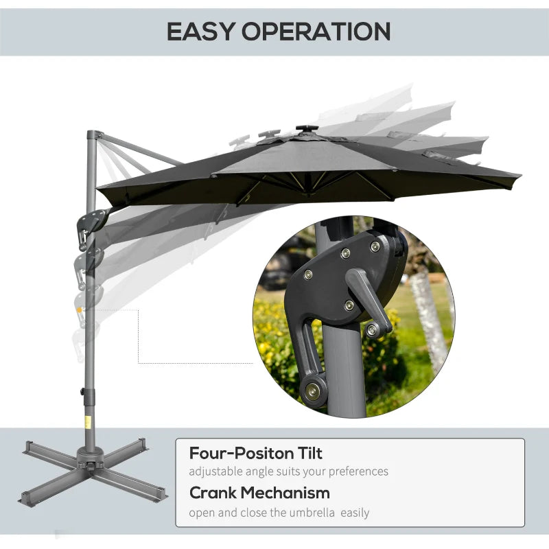 2.55H x 2.98m Dark Grey Adjustable Cantilever Parasol With LED Lights