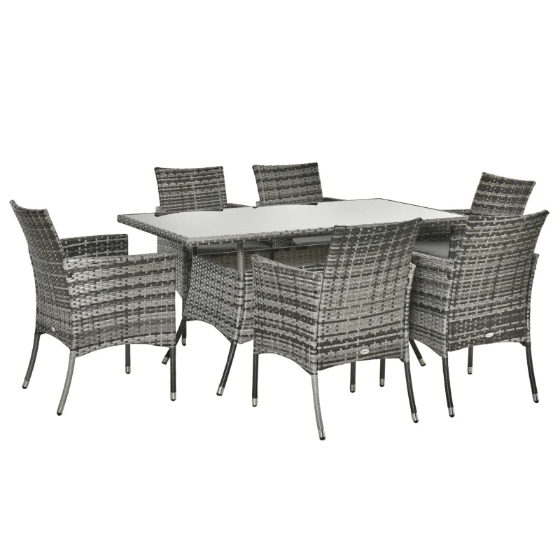 6 Seater Grey Rattan Dining Set With Armchairs & Glass Top Table