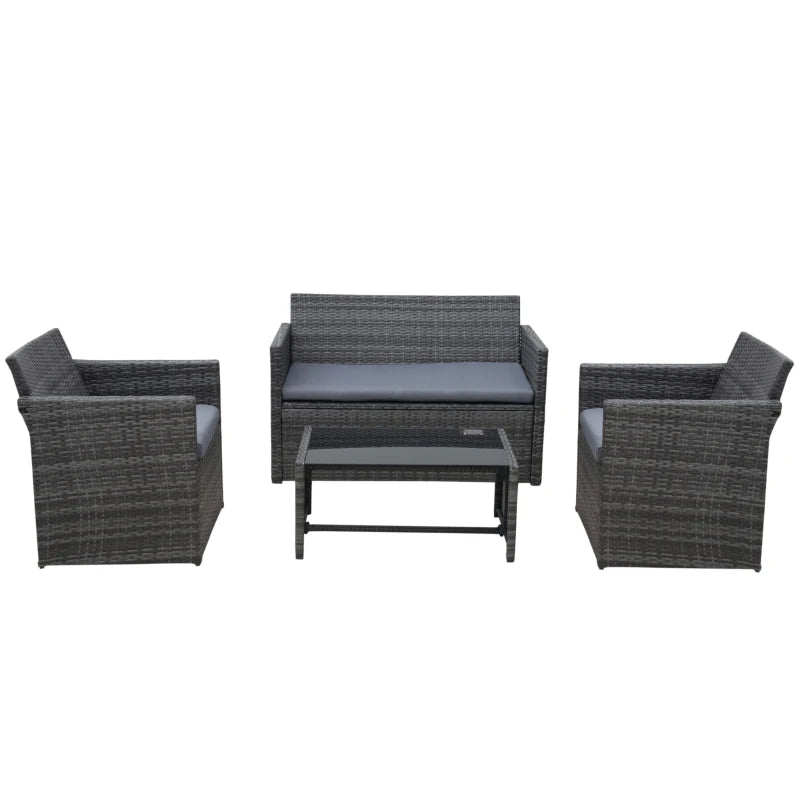 4 Piece Rattan Furniture Set with Cushions, Loveseat, 2 Armchairs and Glass Top Coffee Table