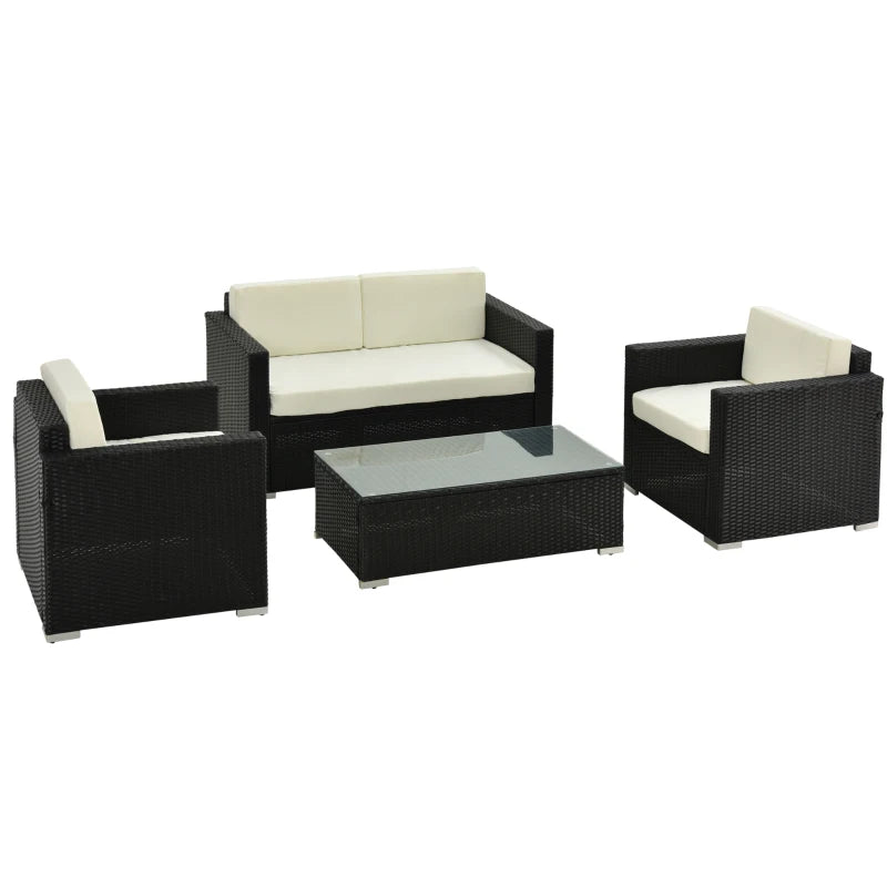 Black 4 Piece Rattan Furniture Set with Cream Cushions, 2 Armchairs and Glass Top Coffee Table