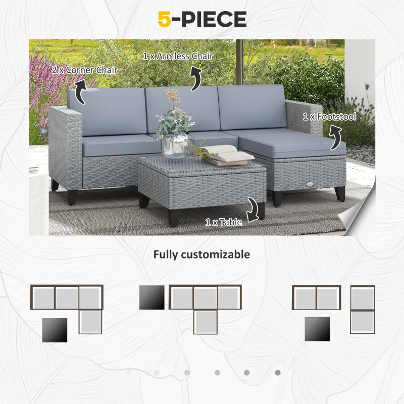 Grey 5-Piece Rattan Set with Corner Sofa, Footstools & Coffee Table