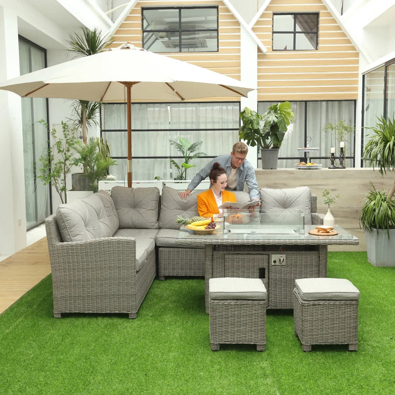 8-Seater Rattan Sofa Set With Fire Pit Table, L-Shape Sofa, Footstool and Furniture Cover