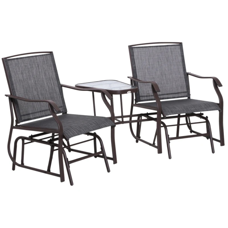 Pair of Rocking Chairs with Table & Breathable Mesh Fabric Seat - Brown Frame & Grey Mesh