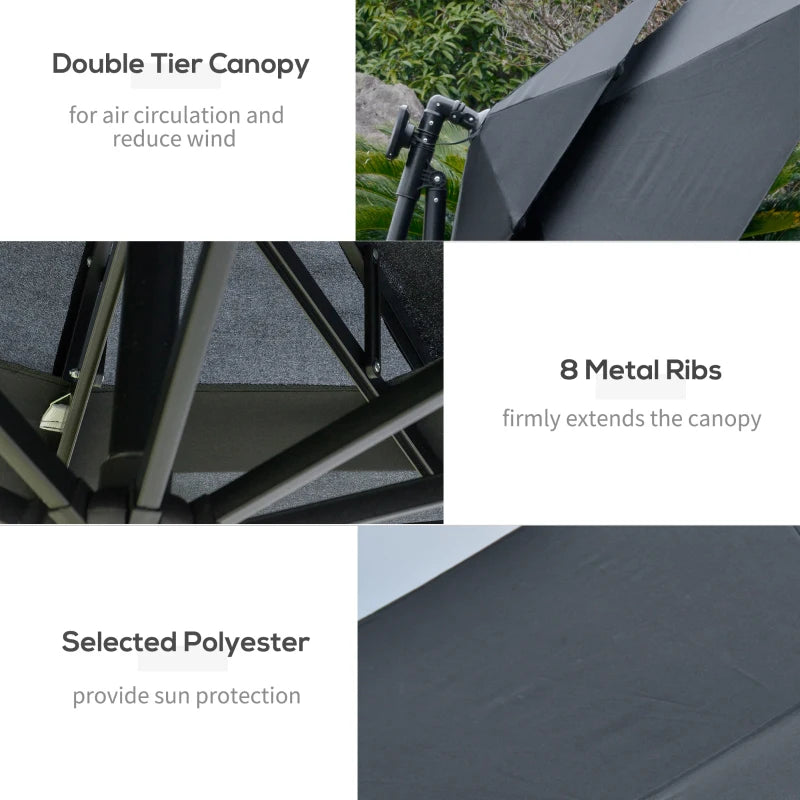 Black 3m Parasol With LED Solar Lights