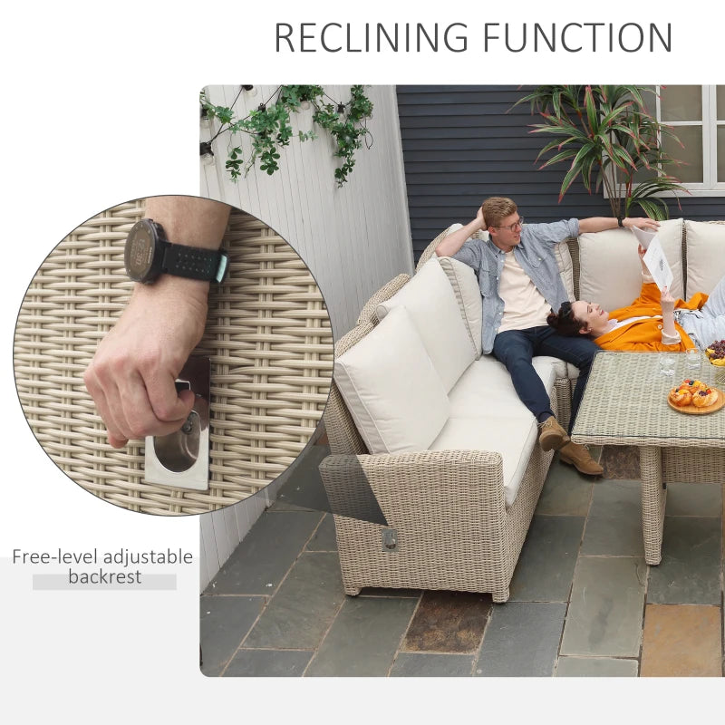 Light Brown 6-Seater Reclining Rattan Dining Set With Glass Table & Olefin Cushions