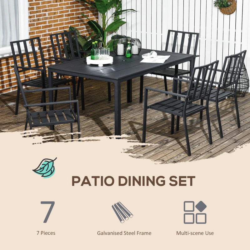 Black 7 Piece Metal Garden Dining Set With Table & 6 Stackable Chairs