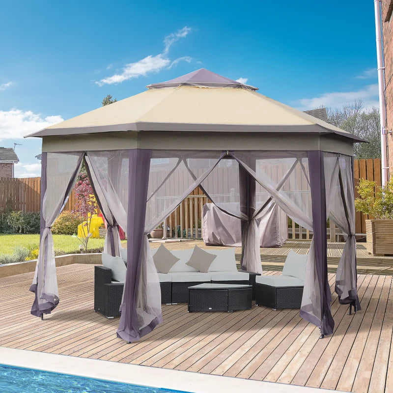 Beige Hexagon Patio Gazebo with Netting