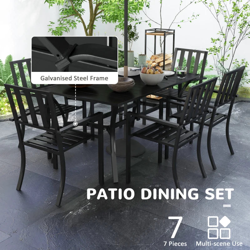 Black Metal 7 Piece Garden Dining Set With Umbrella Hole & Table Plus Stackable Chairs