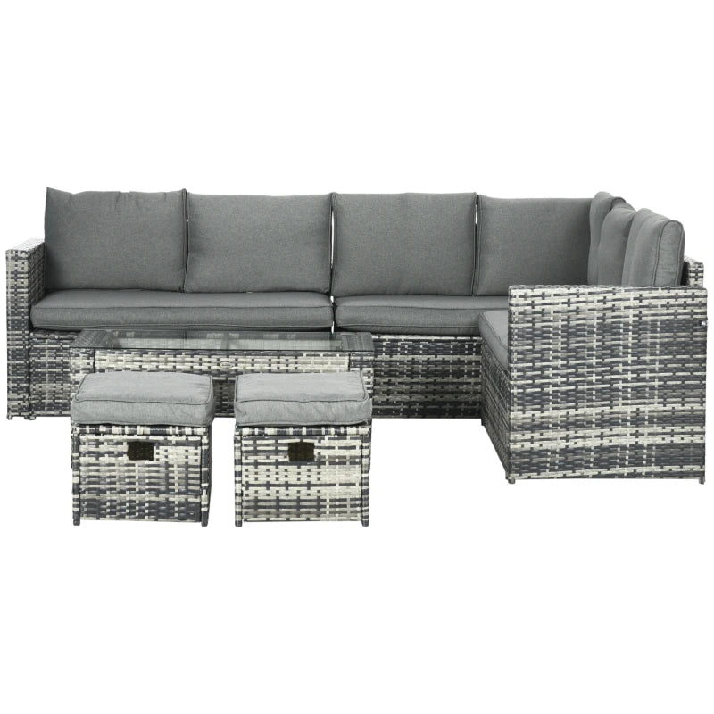 Grey 8-Seater Rattan Corner Sofa with 3 Cushioned Loveseats + 2 Footstools and Table