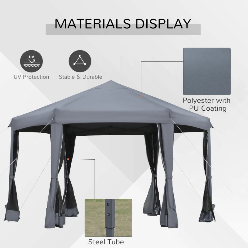 Grey 3.2m Hexagonal Pop Up Gazebo with Mesh Sidewalls