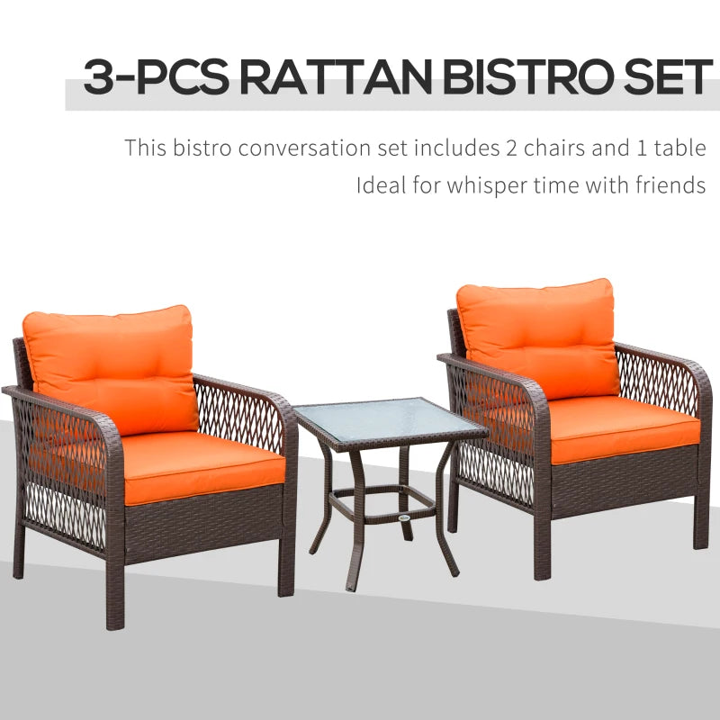 Dark Brown Patterned Rattan Bistro Set With Orange Cushions