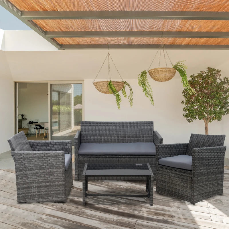 4 Piece Rattan Furniture Set with Cushions, Loveseat, 2 Armchairs and Glass Top Coffee Table