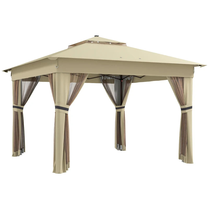 3m x 3m Khaki Pop Up Gazebo with Solar-Powered LED Lights