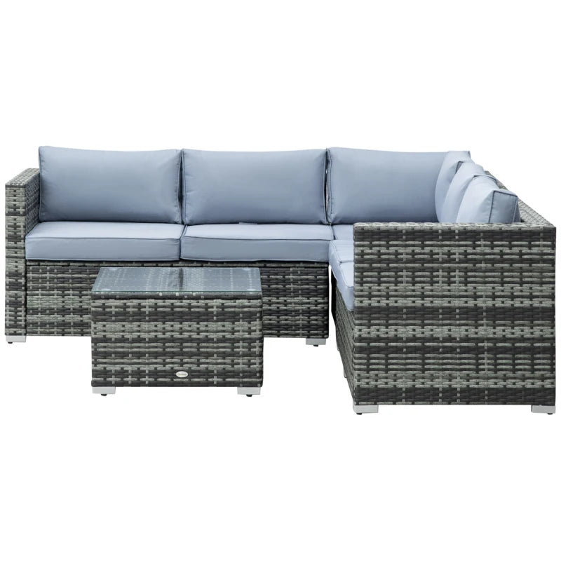 Outsunny 4 Pieces Rattan Garden Furniture Sets Wicker Patio Conservatory Dining Set with Corner Sofa Loveseat Coffee Table Cushions for Balcony Backyard Pool Grey