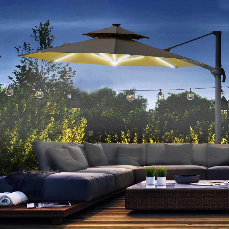 2.8H x 3.3m Khaki Cantilever Parasol With Solar Lights - 360° Rotation