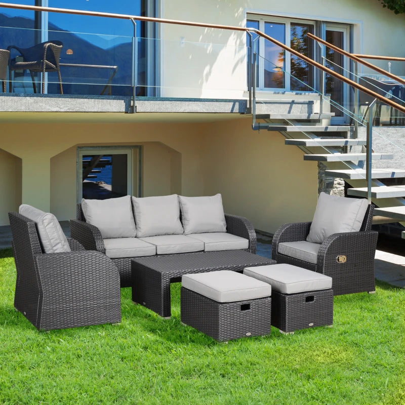 Light Grey 7 Seater Rattan Sofa, Coffee Table & Footstools
