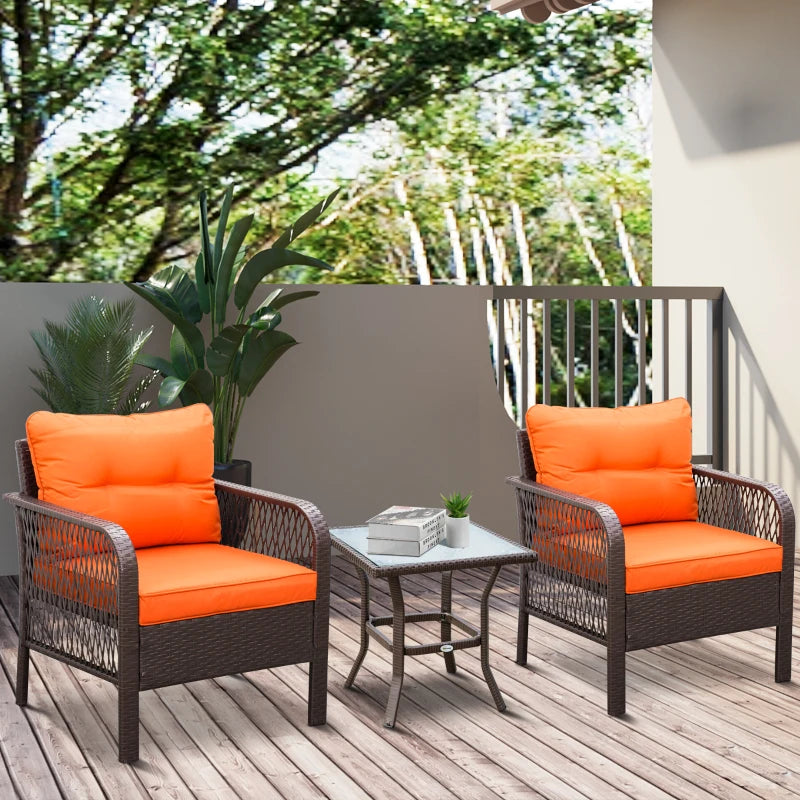 Dark Brown Patterned Rattan Bistro Set With Orange Cushions