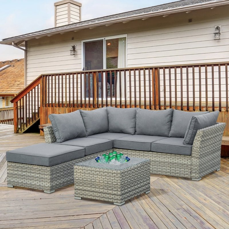 Riviera Luxe 5-Seater Wicker Lounge: Light Grey Rattan Corner Set with Tea Table - Trade Warehouse