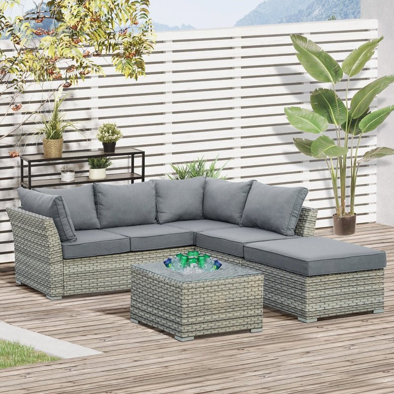 Riviera Luxe 5-Seater Wicker Lounge: Light Grey Rattan Corner Set with Tea Table - Trade Warehouse