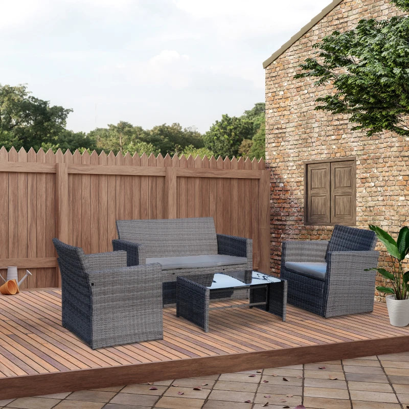 4 Piece Rattan Furniture Set with Cushions, Loveseat, 2 Armchairs and Glass Top Coffee Table