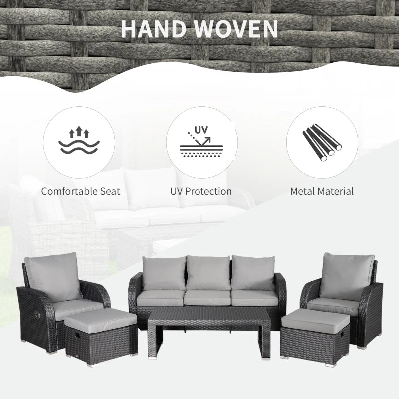 Light Grey 7 Seater Rattan Sofa, Coffee Table & Footstools