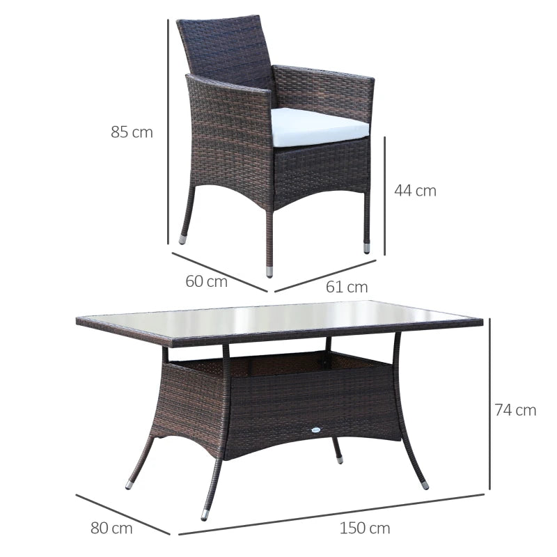 6 Seater Rattan Dining Set with Cushions - Rattan Garden Furniture Set with 6 Armchairs & Rectangular Glass Top Table