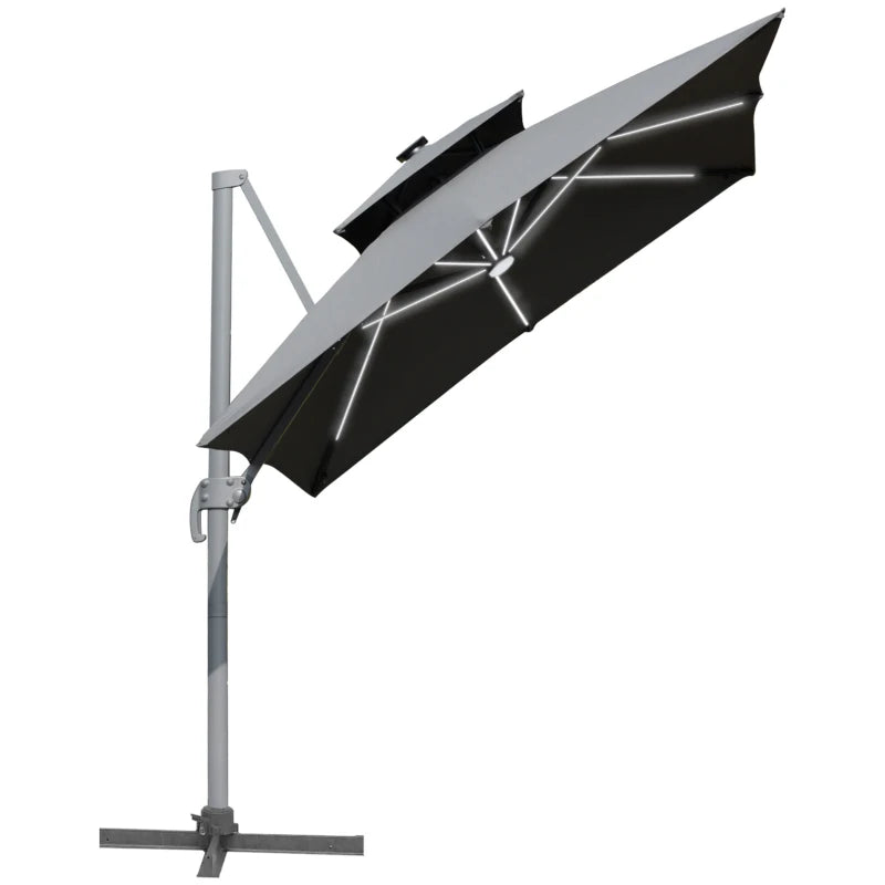 Grey Tiered Cantilever Parasol With LED Lights & Cross Base