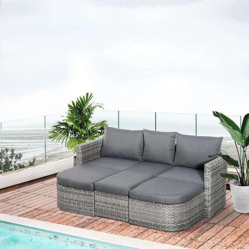 Mixed Grey 3 Piece Rattan Furniture Set with Double Chaise Lounge and Convertible Middle Table