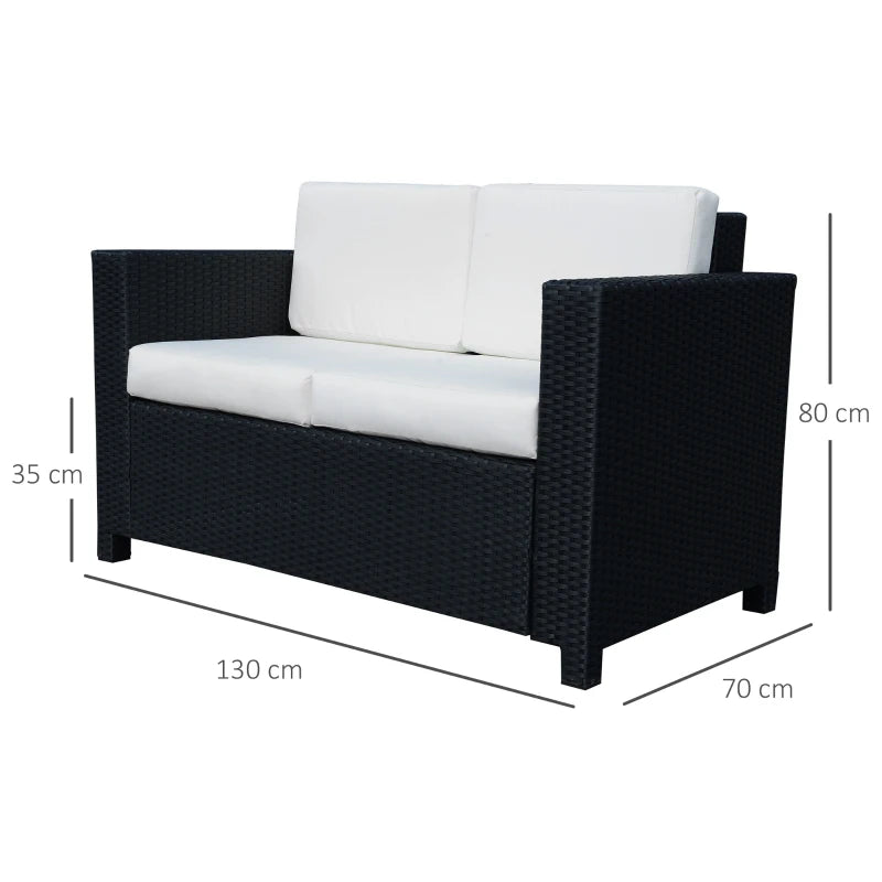 Black 2 Seater Rattan Sofa with Soft Padded White Cushions