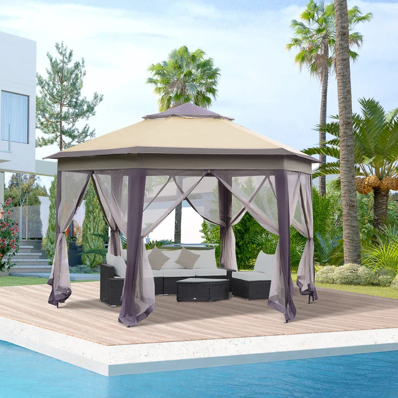 Beige Hexagon Patio Gazebo with Netting