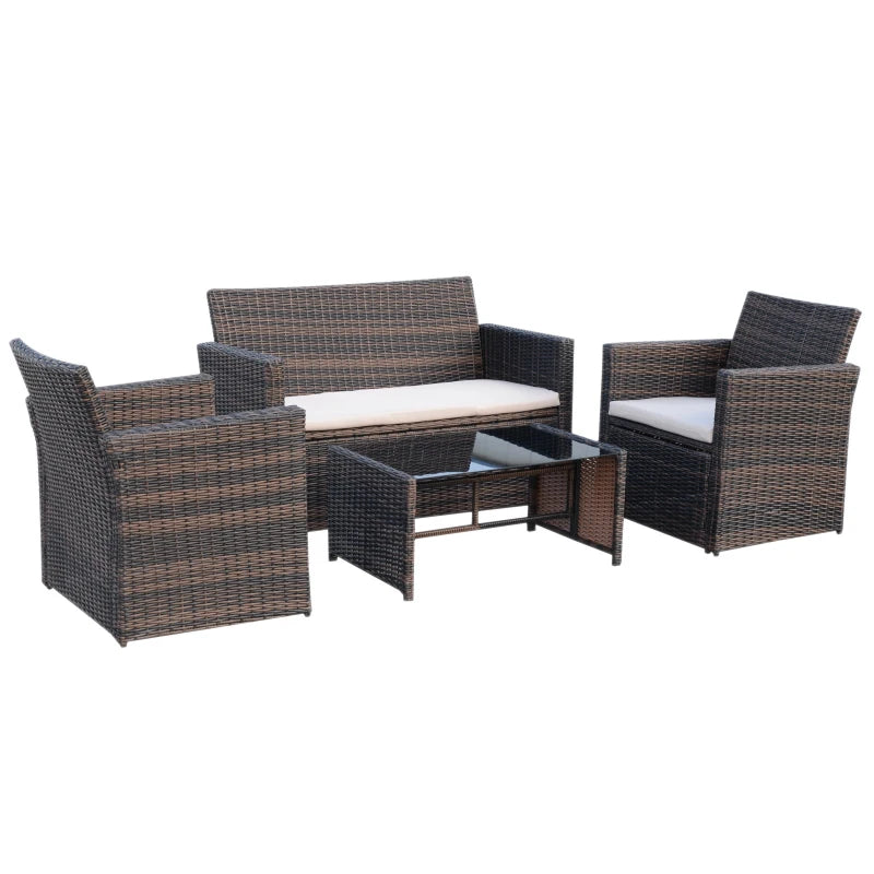 Mixed Brown 4 Piece Rattan Furniture Set with Cream Cushions, 2 Armchairs and Glass Top Coffee Table