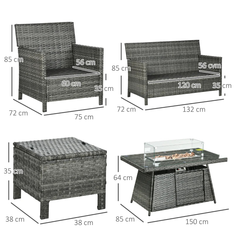 Grey 6 Seater Rattan Furniture Set With Fire Pit Table - Wicker Loveseat, 2 Armchairs and 2 Footstools Included