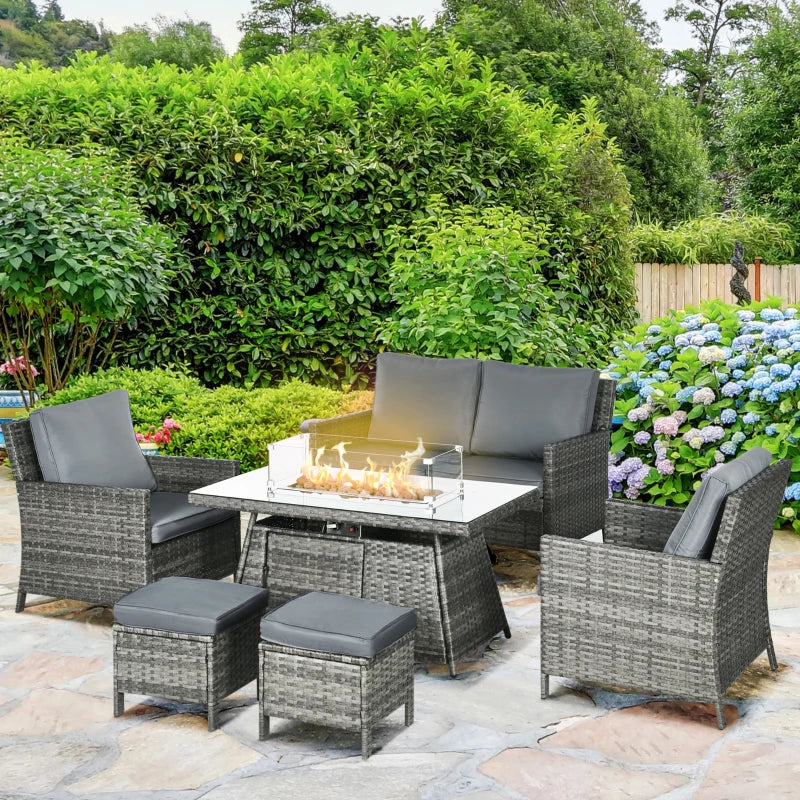 Grey 6 Seater Rattan Furniture Set With Fire Pit Table - Wicker Loveseat, 2 Armchairs and 2 Footstools Included