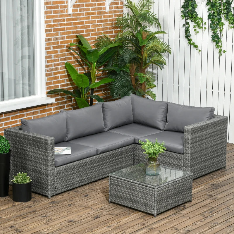 Grey 4 Seater Rattan Corner Sofa With Coffee Table and Thick Cushions