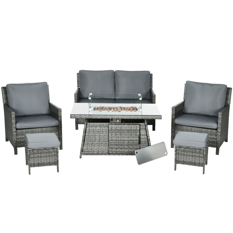 Grey 6 Seater Rattan Furniture Set With Fire Pit Table - Wicker Loveseat, 2 Armchairs and 2 Footstools Included