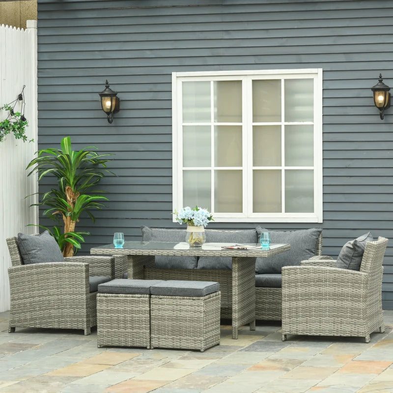 Rattan Garden Furniture Set with Three-seats, Armchairs, Footstools and Glass Top Dining Table